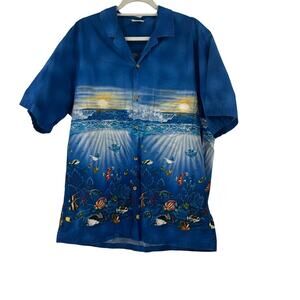 Vintage Jade Fashions ocean life blue Hawaiian button down shirt